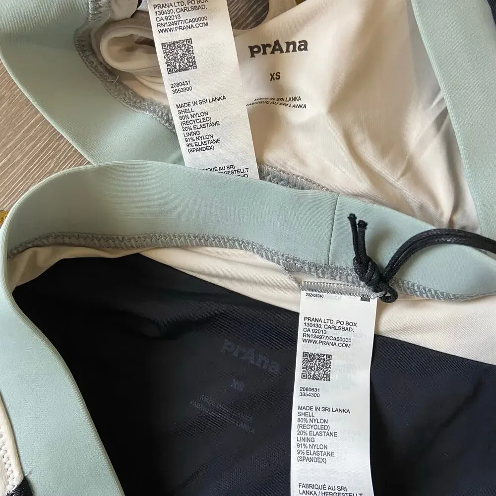 Prana Baja Bound Sport Top & High Rise Bottom Sz XS Black Colorblock Bikini Set